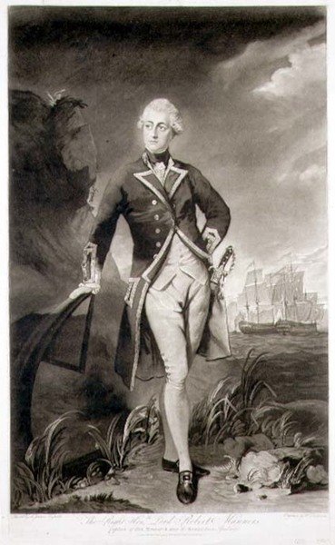 Lordi Robert Mannersin (1758-82) muotokuva HMS:n "Resolution" kapteenista, kaiverrettu William Dickinson (1746-1823) pub. 1783 (kaiverrus) tekijältä Joshua (after) Reynolds