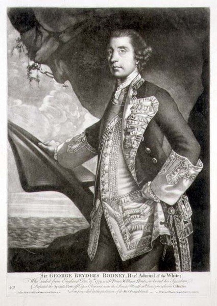 Muotokuva Sir George Brydges Rodneysta (1719-92) Valkoisen amiraalista, kaiverrettu William Dickinsonin (1746-1823) pub. kirjoittanut Carington Bowles (fl.1744-93) (kaiverrus) tekijältä Joshua (after) Reynolds