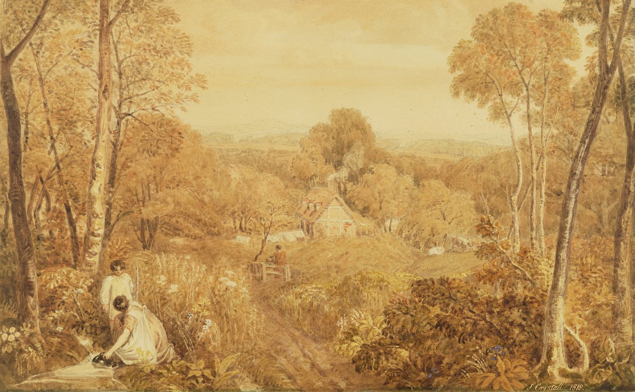Metsäinen maisema mökeillä ja maalaisnaisilla, Hurley, Berks, 1818 (wc grafiitin päällä paperilla) tekijältä Joshua Cristall