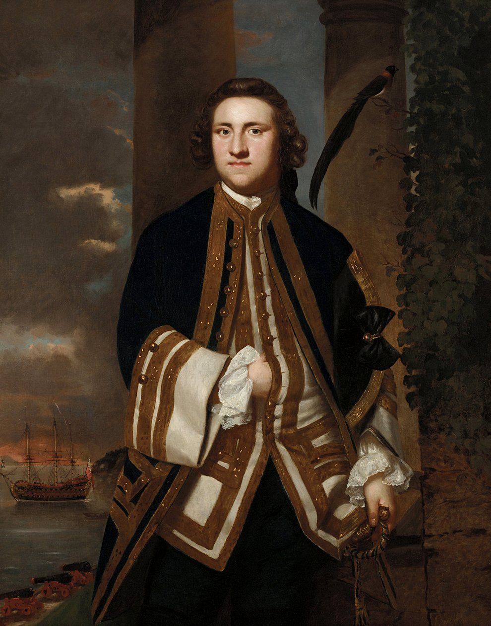 "Kapteeni George Edgecumben (1720-1795) muotokuva, taustalla "Salisbury", 50-tykkinen laiva, jonka kapteeni Edgecumbe oli. tekijältä Joshua Reynolds