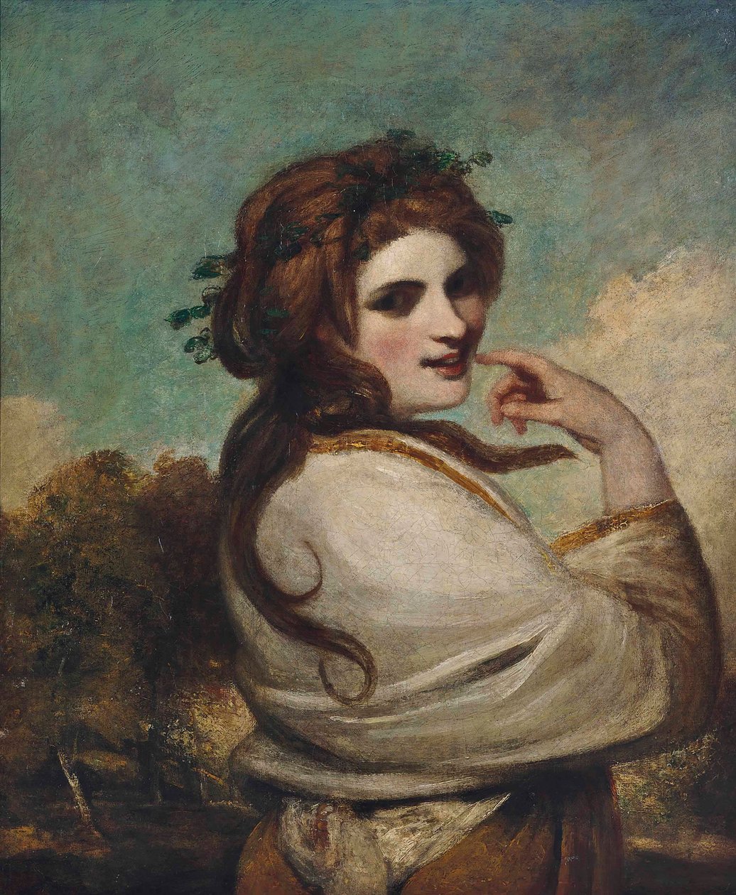 Muotokuva Emmasta, Lady Hamiltonista, Bacchantena, puolipitkä, keltaisessa mekossa ja valkoisessa huivissa, maisemassa tekijältä Joshua Reynolds