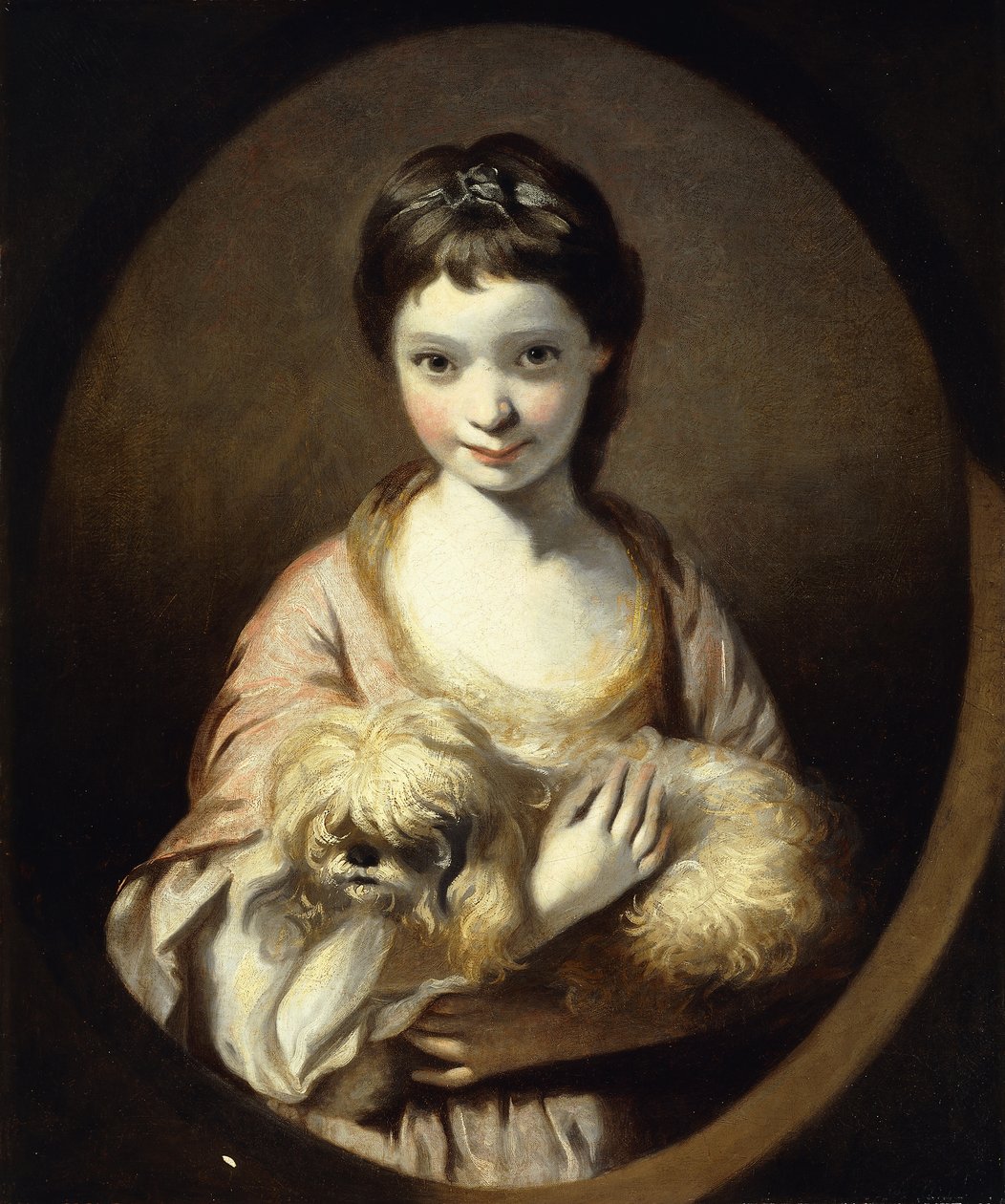 Muotokuva neiti Emilia Vansittartista, puolipitkä, yllään vaaleanpunainen ja valkoinen mekko koiraa kädessään, n. 1767-68 tekijältä Joshua Reynolds