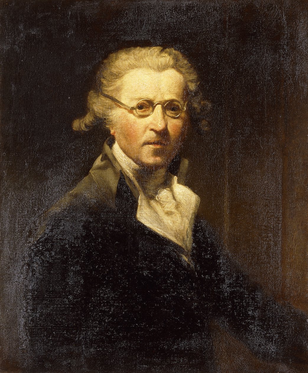 Taiteilijan muotokuva, puolipitkä, oliivinvihreässä takissa, silmälasit päässä, tekijältä Joshua Reynolds