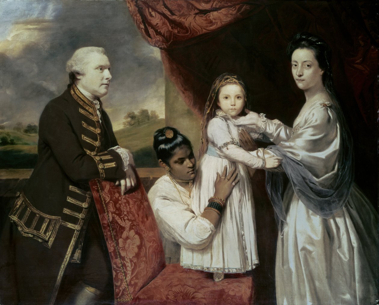 Tysoe Saul Hancock, hänen vaimonsa Philadelphia, heidän tyttärensä Elizabeth ja heidän intialainen piika Clarinda, n. 1763–1765 tekijältä Joshua Reynolds