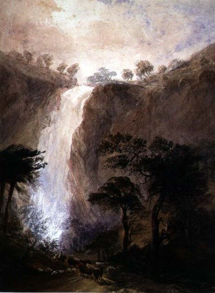 Näkymä vesiputoukselle, n. 1820 (akvarelli arabikumilla paperilla) tekijältä Joshua Wallis