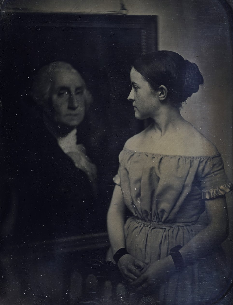 Tyttö George Washingtonin muotokuvalla, n. 1850. Tekijät: Josiah Johnson Hawes, Albert Sands Southworth. tekijältä Josiah Johnson Hawes, Albert Sands Southworth