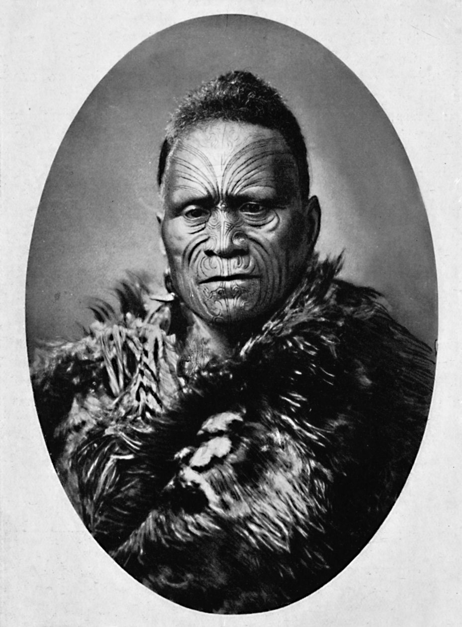 Maoripäällikkö, jolla on taidokkaasti tatuoidut kasvot ja sääviitta, 1902 tekijältä Josiah Martin