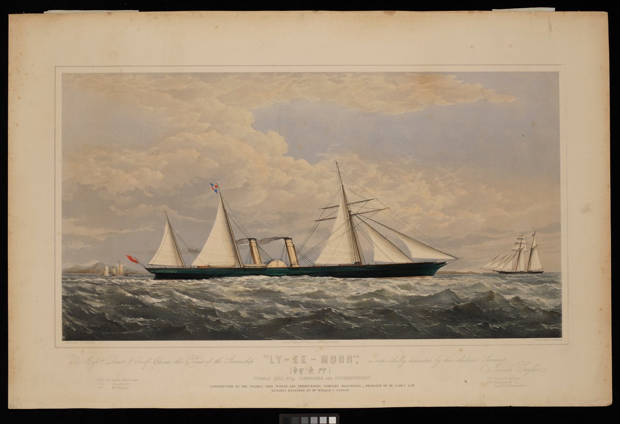 Messrs Dent  Co of China, tämä vedos höyrylaiva Ly-Ee-Moon, Norman Hill, Esqr Commander.... rakennettu Thames Iron Works and Shipbuilding Company, Blackwall...,, n.1860 (litografia, värillinen) tekijältä Josiah Taylor