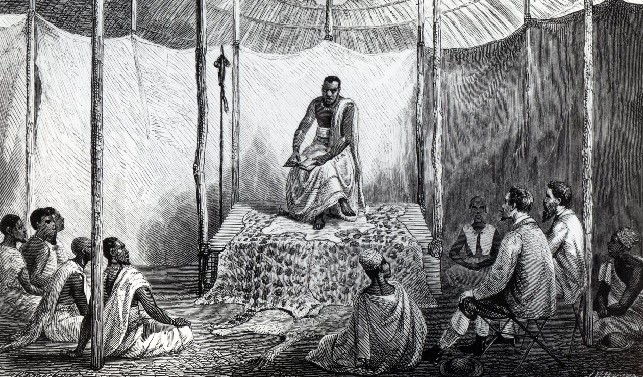 Kamrasin ensimmäinen Raamatun oppitunti, kuvitus John Hanning Speken "Niilin lähteen löytämisen päiväkirjasta", julkaistu vuonna 1864 tekijältä Josiah Wood Whymper