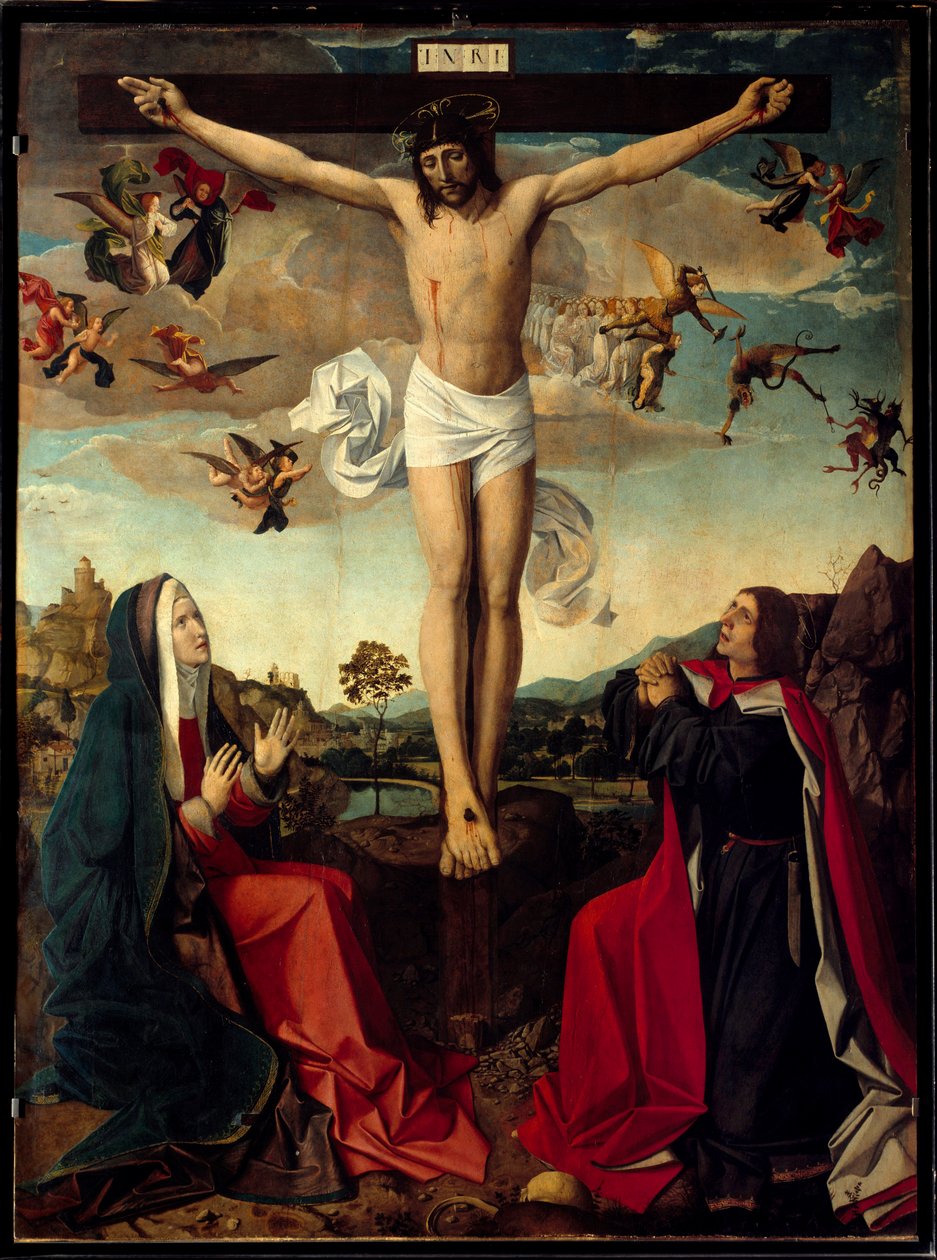 Golgata. Ristiinnaulitseminen Neitsyt Marian ja Pyhän Johanneksen kanssa ristin juurella. Ristiin teksti "INRI". San Sebastianin mestarin tai Josse Lieferinxen maalaus (Aktiivinen 1493-1505) tekijältä Josse (fl.1493 1508) Lieferinxe