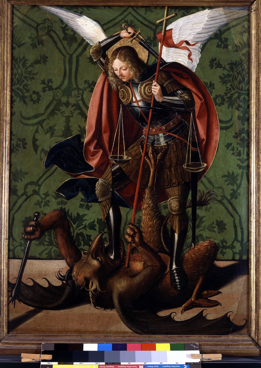 Alttaritaulun kääntöpuoli: Saint Michel voitti demonin. Josse Lieferinxen maalaus, toiminut vuosina 1493-1508 tekijältä Josse (fl.1493 1508) Lieferinxe