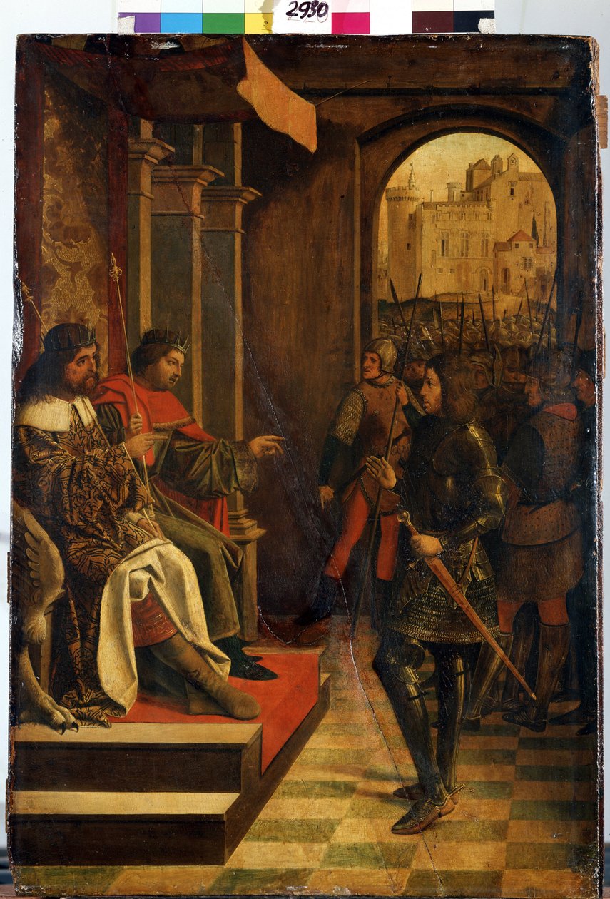 ""Pyhä Sebastien ennen keisari Diocletianusta ja Maximianusta"" (Pyhä Sebastien ennen keisareita Diokletianusta ja Maximianusta). Rooman keisarit Diocletianus (Gaius Aurelius Valerius Diocletianus, 245-316) ja Maximian Hercules (Marcus Aurelius Valerius Ma tekijältä Josse (fl.1493 1508) Lieferinxe