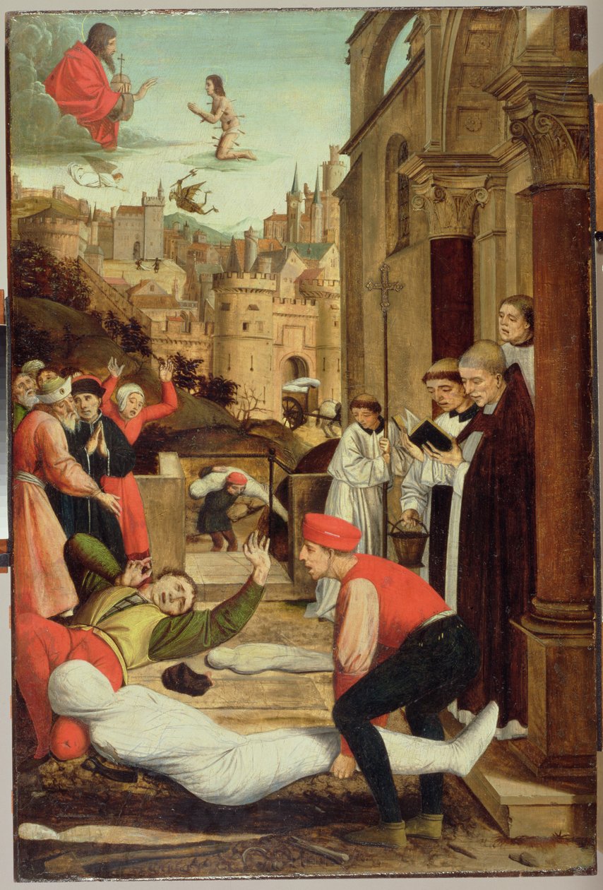 Pyhä Sebastián ruttokohtauksen puolesta, 1497-1499 tekijältä Josse Lieferinxe