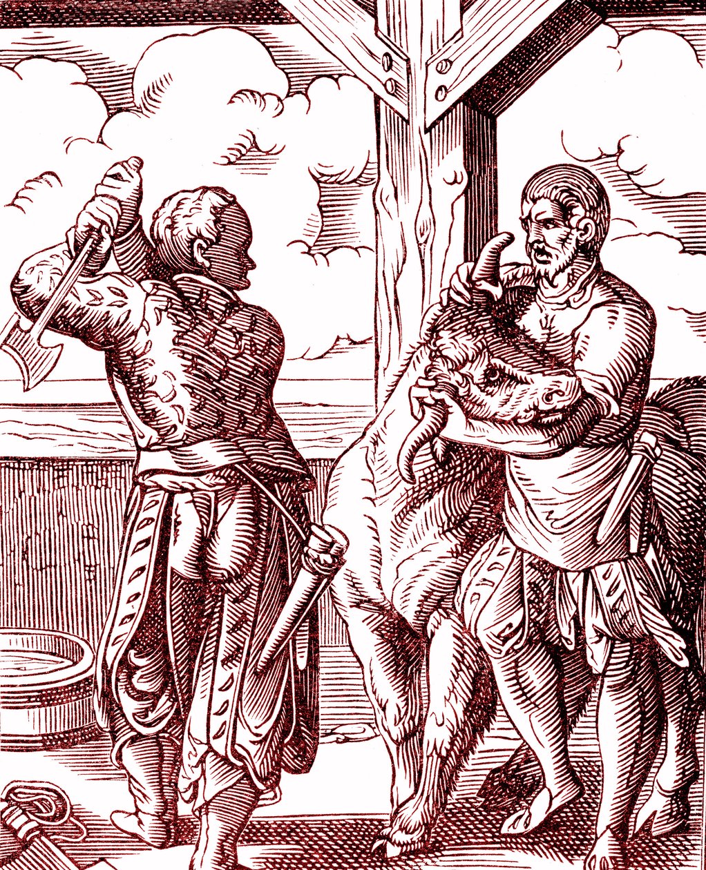 Teurastaja - Ruoka ja ruoanlaitto keskiajalla. Kaiverrus Jost Amman (1539-1591). Kaiverrus 1878 tekijältä Jost (after) Amman