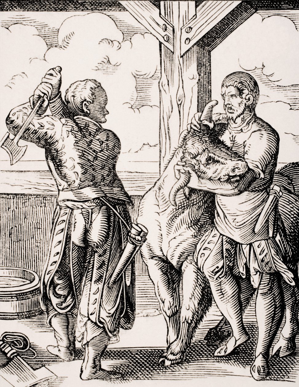 The Butcher and his Assistant, jäljennös Jost Ammanin (1539-91) 1500-luvun kaiverruksesta Paul Lacroixin (1806-84) teoksesta "Le Moyen Age et La Renaissance", julkaistu 1847 (litho) tekijältä Jost (after) Amman