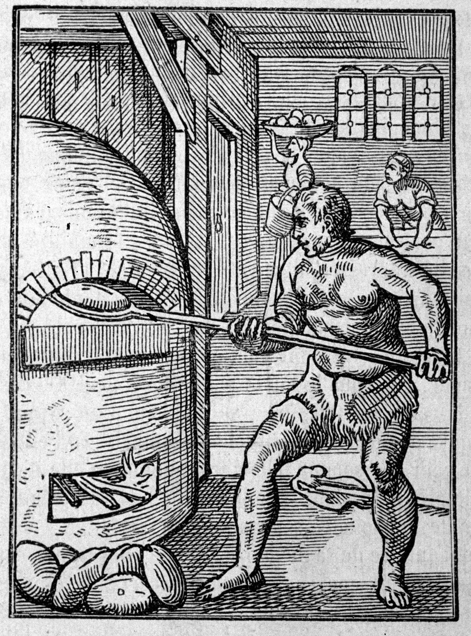 Leipuri leipomassa leipää uunissa. Kaiverrus Jost Amman (1539-1591) 1500-luku. tekijältä Jost Amman