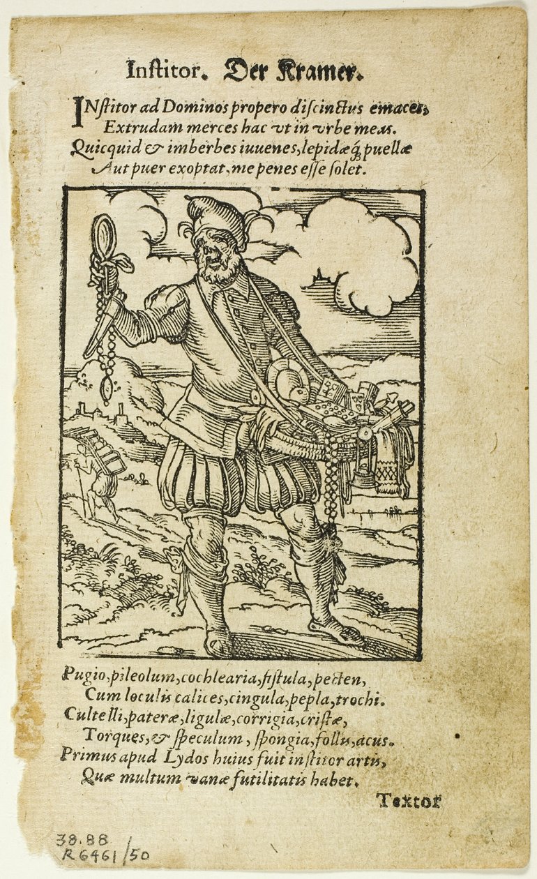 Der Kramer (Peddler) Hartmann Schopperin teoksesta De omnibus illiberalibus sive mechanicis artibus, levy 50 XVI vuosisadan kirjojen puupiirroksista tekijältä Jost Amman