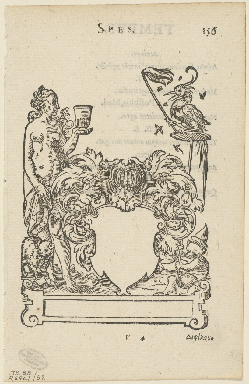 Emblem with Blank Heraldic Shield, folio 156 Anthologia Gnomonica -teoksesta. tekijältä Jost Amman