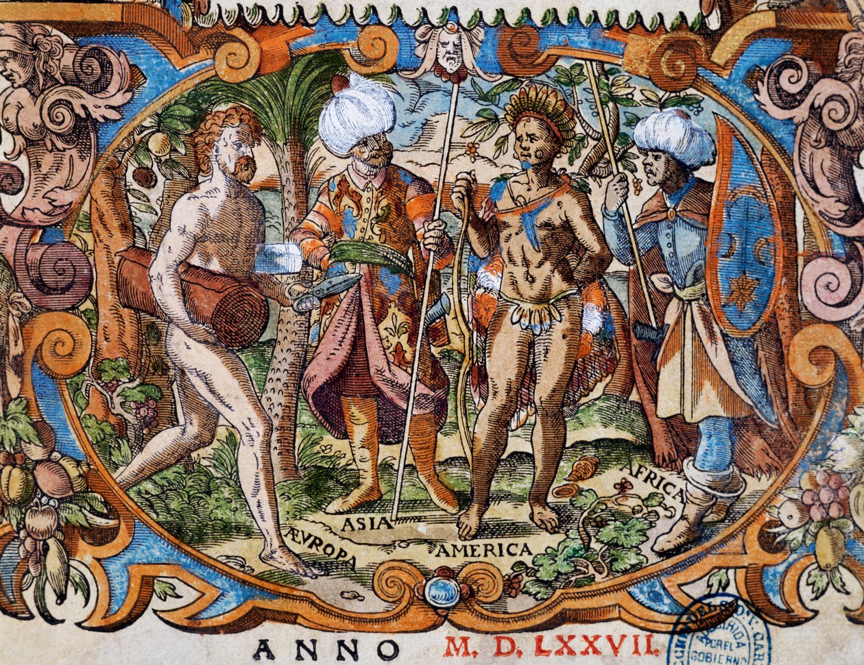 Neljä maanosaa, yksityiskohta otsikkosivulta, kaiverrus Jost Amman (1539-1591) tekijältä Jost Amman