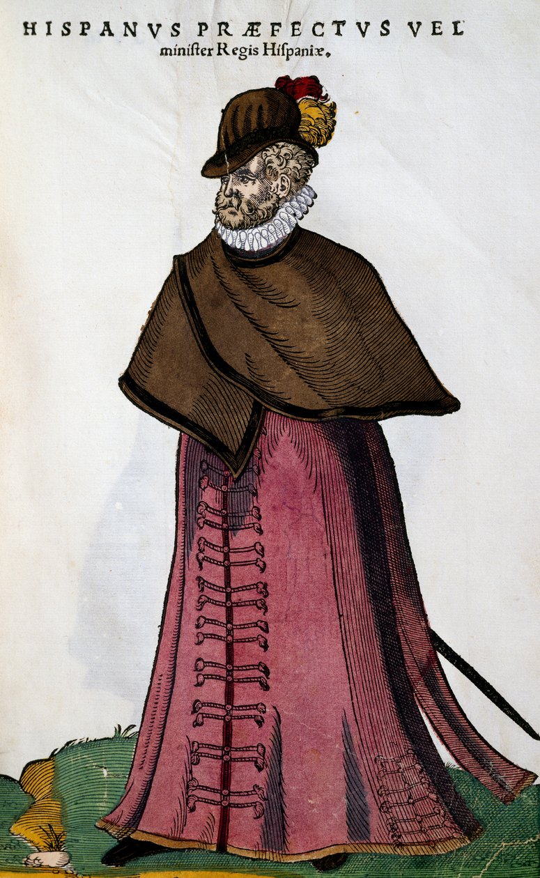 Ministerin puku Espanjan kuninkaallisesta talosta, Jost Ammanin (1539-1591) kaiverrus pääkansojen, miesten sekä taiteessa kuvattujen yksittäisten naisten Habitusista tekijältä Jost Amman