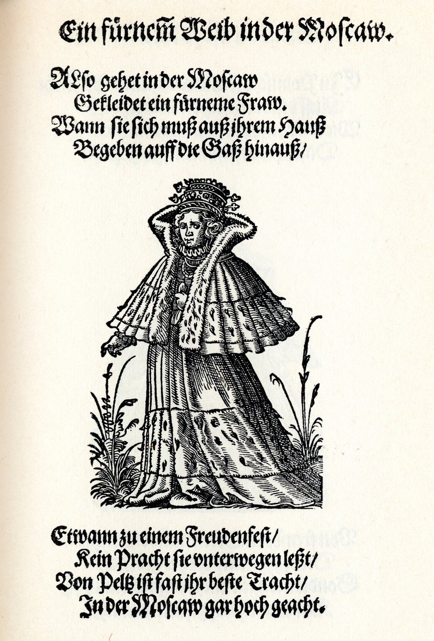Moskovan jalo nainen. Frauentrachtenbuch Frankfurtista, 1586, 1586 tekijältä Jost Amman
