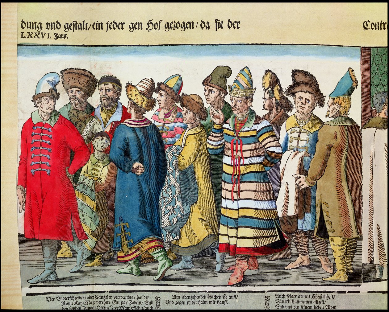 Venäjän Ivan IV:n 1530-84 suurlähetystö Pyhän Rooman keisarille Regensburgissa vuonna 1576 värillinen puupiirros vuosien 173050 ja 88595 tekijältä Jost Amman