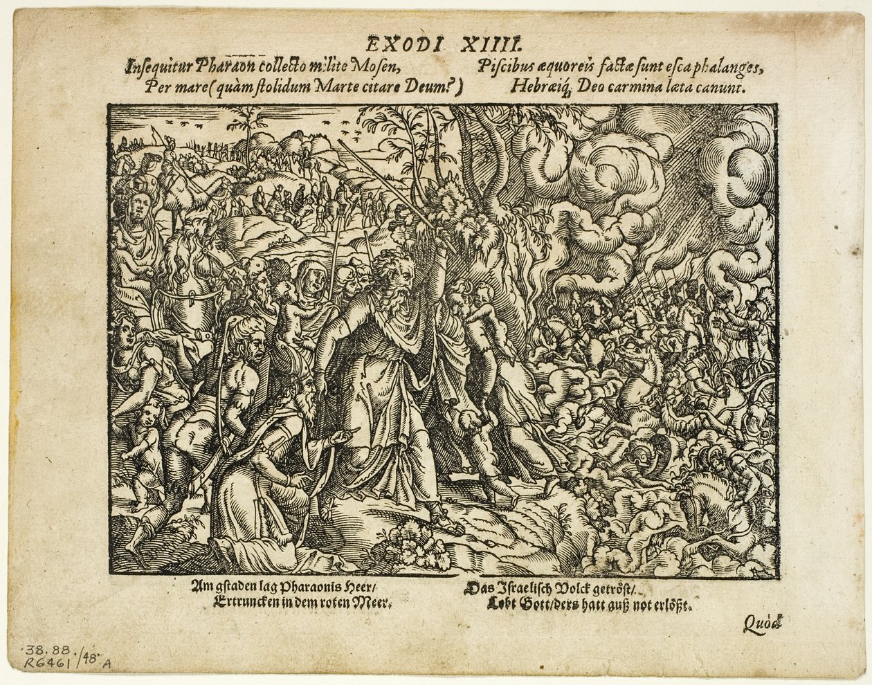 Punaisen meren kulku (recto) ja Jaakobin hautaus (verso) Neuwe Biblische Figurenista, levy 48 puupiirroksia XVI vuosisadan kirjoista tekijältä Jost Amman