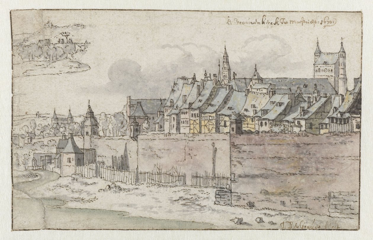 Näkymä Maastrichtin muureille taustalla Onze-Lieve-Vrouwekerk tekijältä Josua de Grave