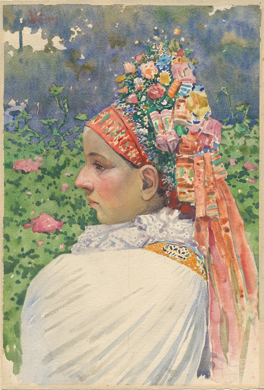 Slovakialainen morsianpari Uprka, Joza (1861-1940). Öljy kankaalle, koko: 54,8x37 tekijältä Joža Uprka