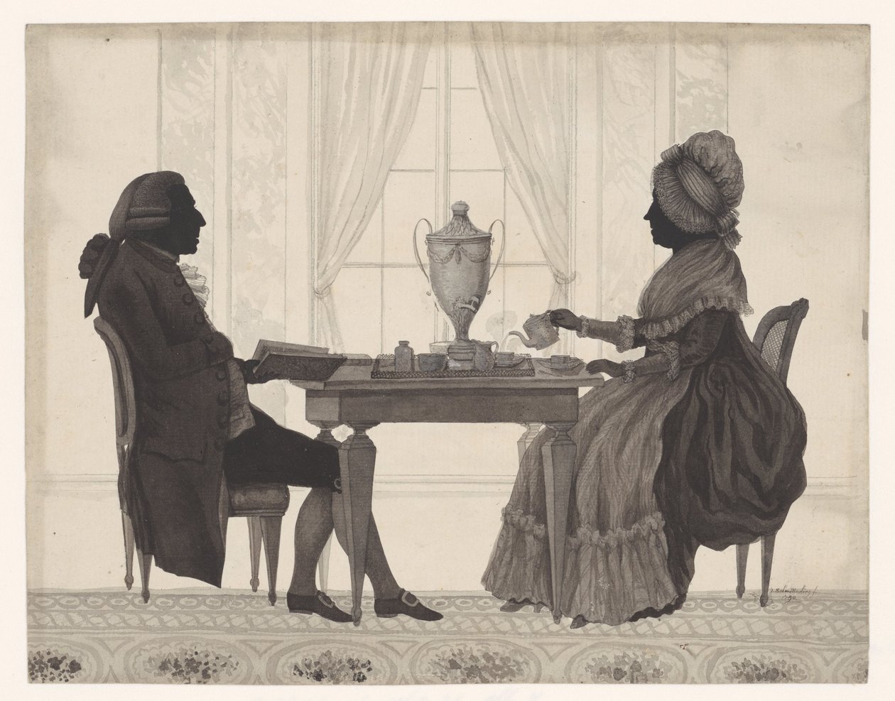 Silhouetten Louis Metayer (*1728) ja Antoinette Bernard (*1735) aan tafel tekijältä Jozef Adolf Schmetterling