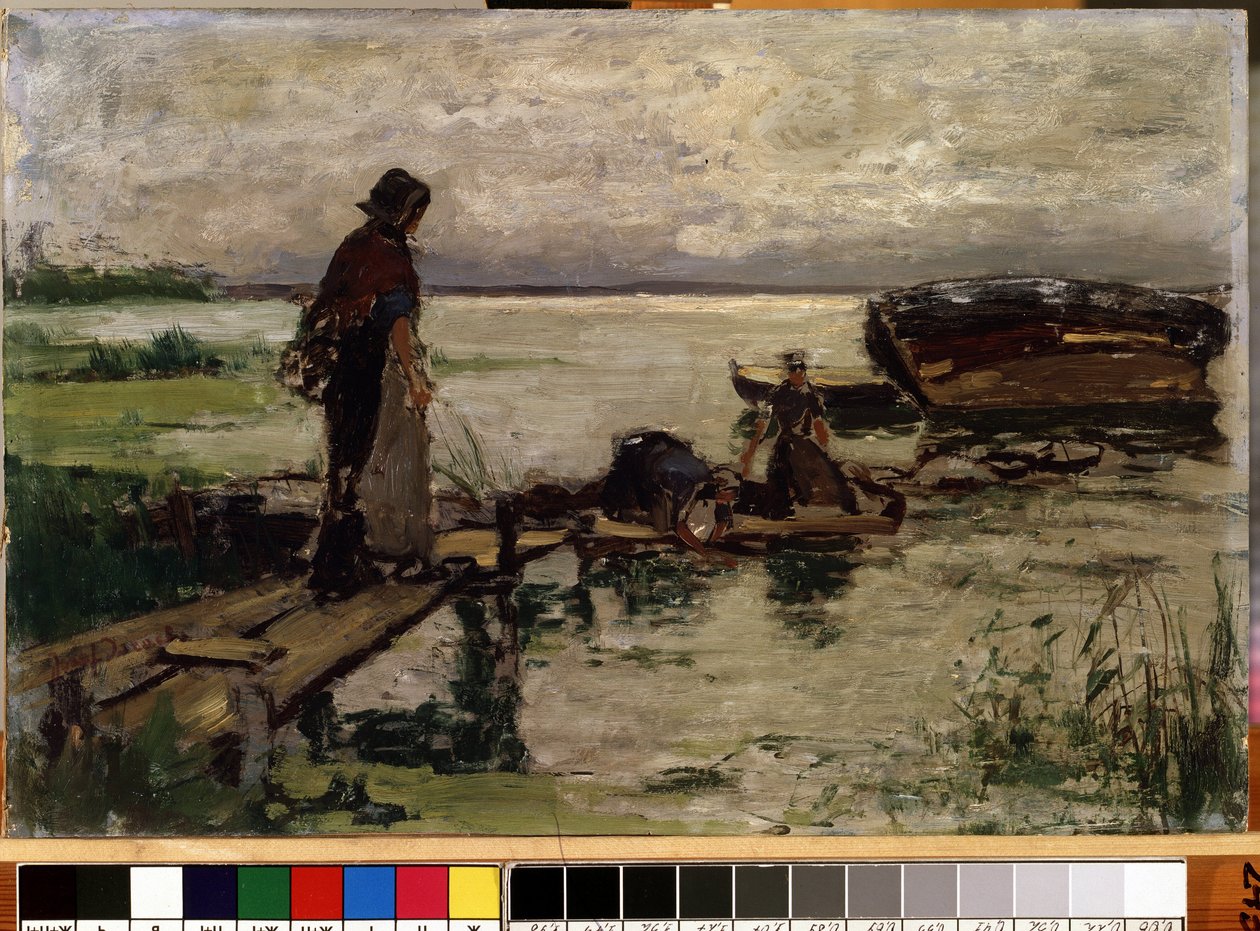 ""Rannalla"" (Meren rannalla) Hollantilaiset talonpojat veden äärellä. Josef Israelsin (1824-1911) maalaus Mikalojus Konstantinas Ciurlionisin taidemuseo, Kaunas, Liettua tekijältä Jozef  Israels
