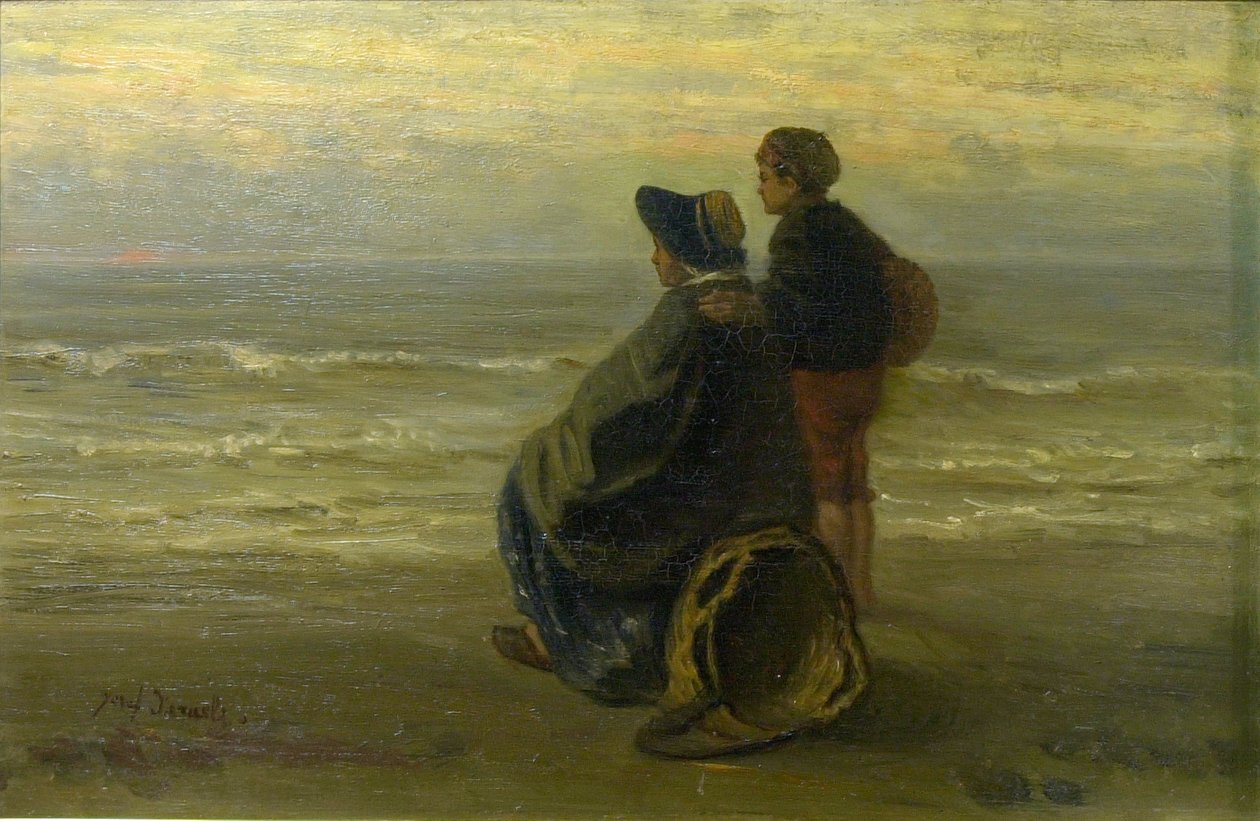 Äiti ja lapsi merenrannalla, noin 1890 (öljy paneelille). tekijältä Jozef (1824 1911) Israels