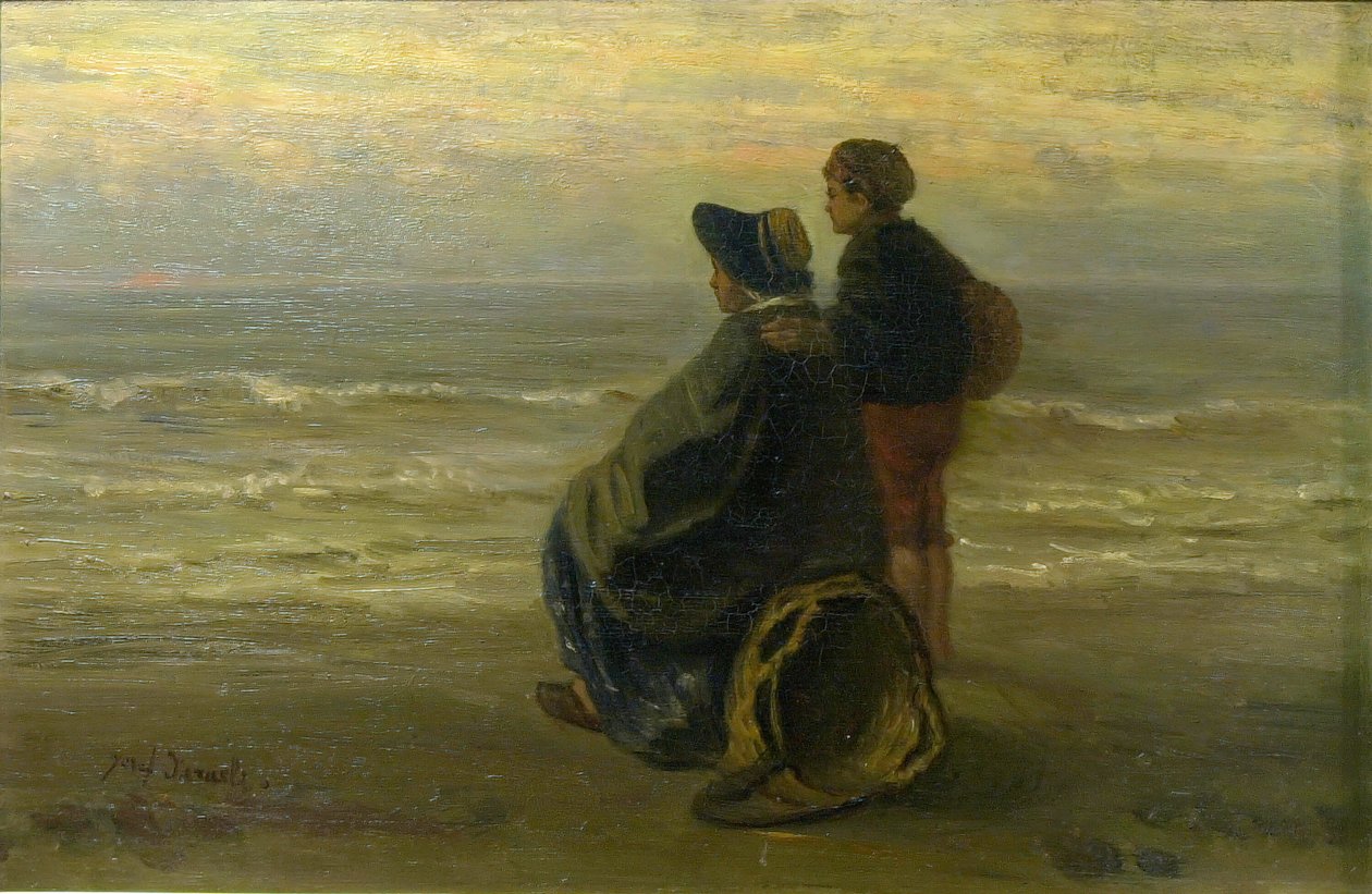 Äiti ja lapsi meren rannalla, n. 1890. tekijältä Jozef Israëls