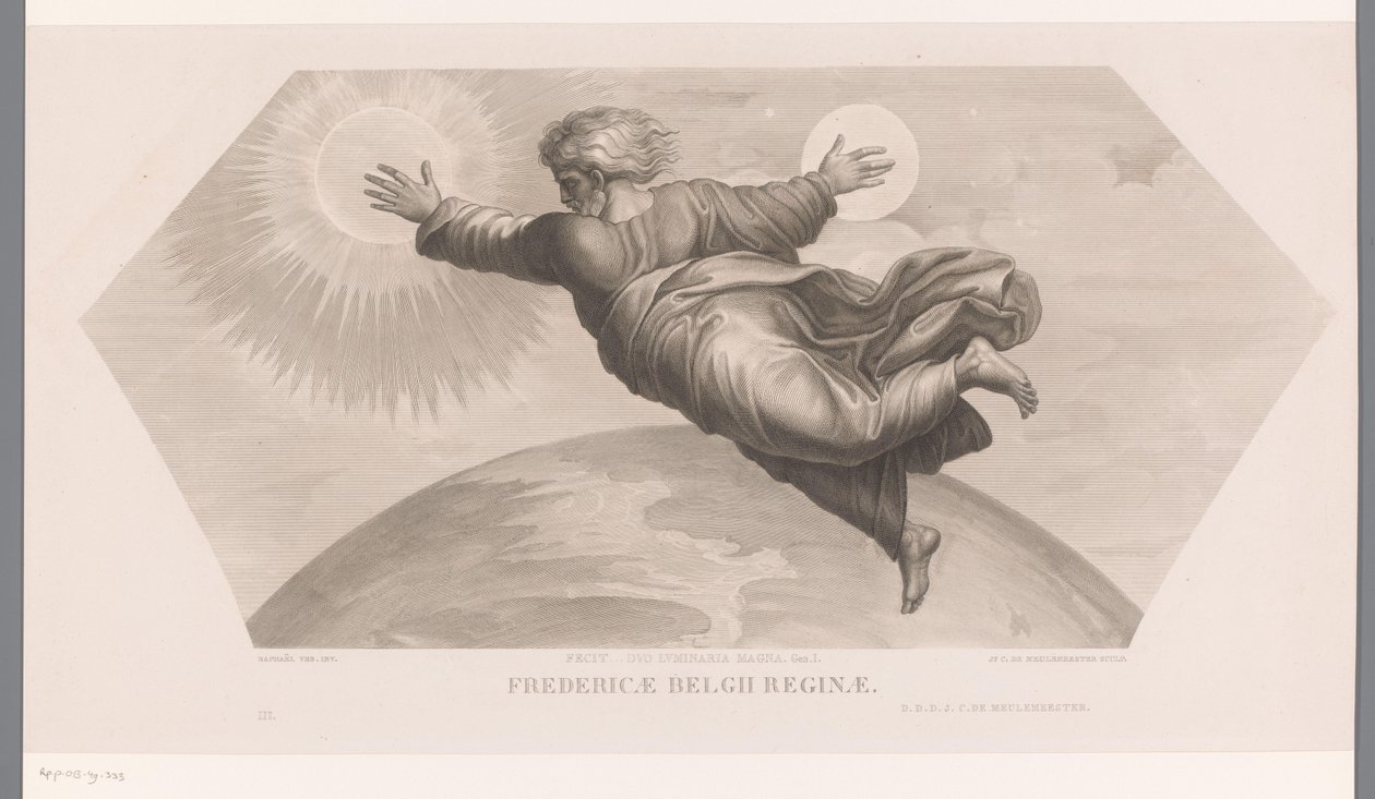 Jumala luo auringon ja kuun Fecit duo luminaria magna. geeni. I. Fredericae Belgii reginae (otsikko esineessä) Les loges de Raphaël (...) sujets de la bible (sarjan nimi) Raamatun kohtauksia Raphael