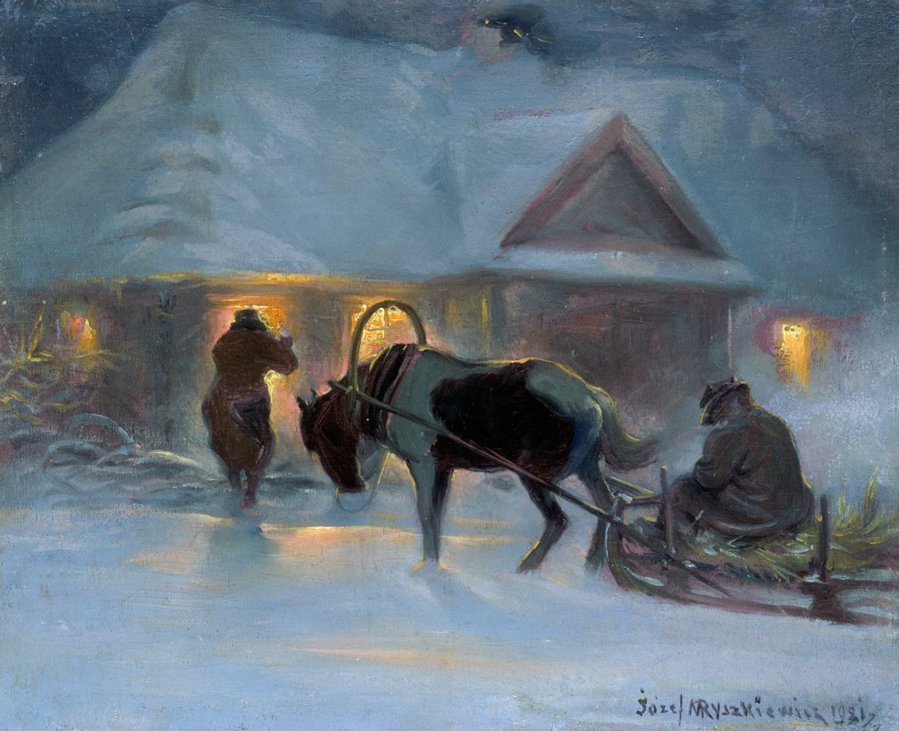 Talvi-ilta maalaistalon edessä, 1921, tekijältä Jozef Ryszkiewicz