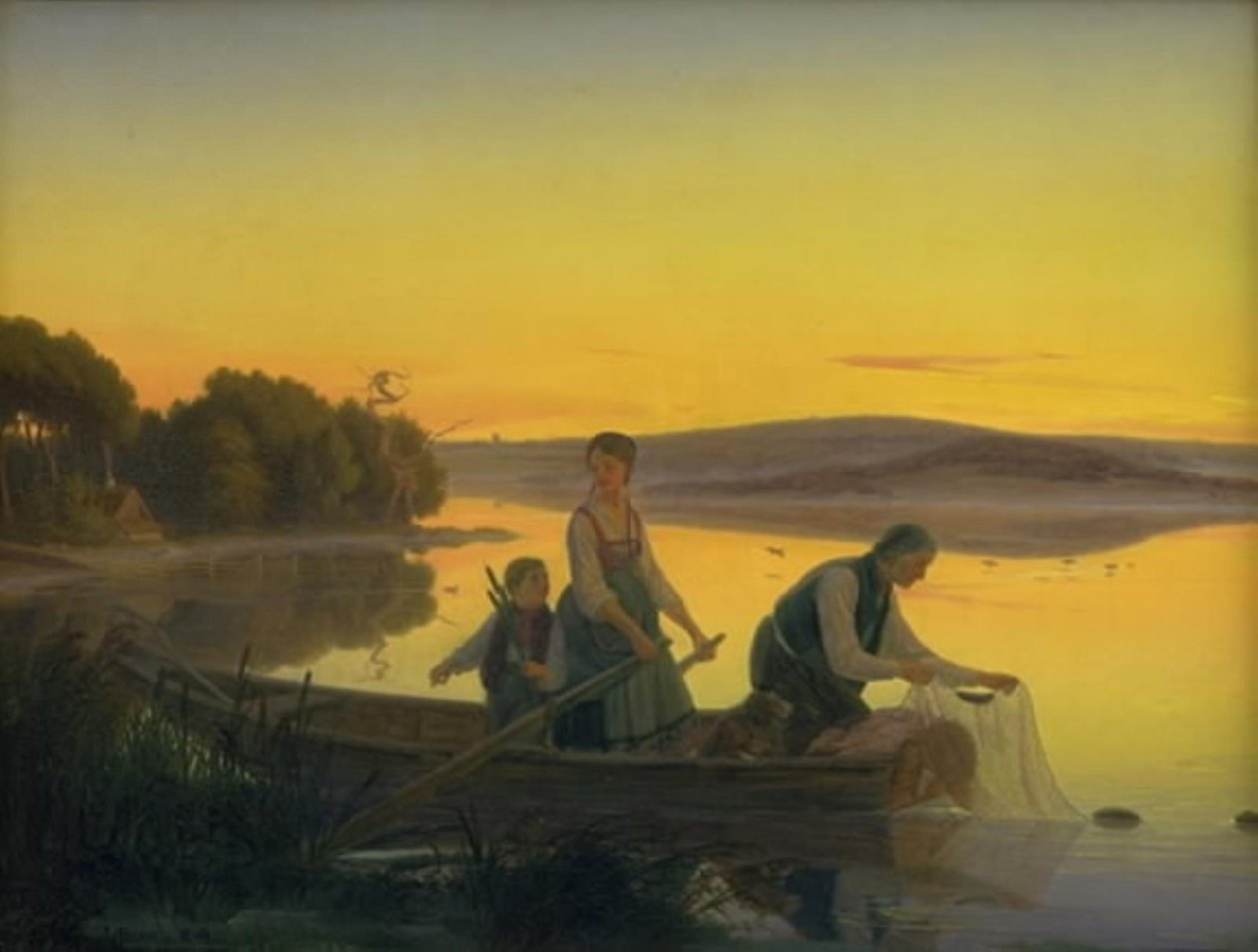 Vanha kalastaja, joka laskee verkkonsa illalla tekijältä Jørgen V. Sonne