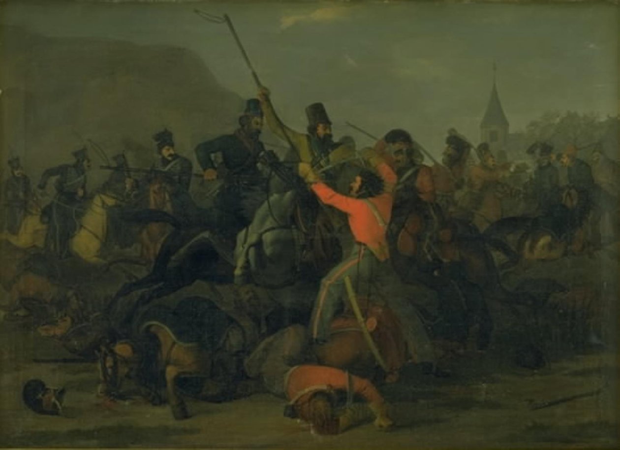 Eversti Boncke Bönnichsenin kaatuminen 6. joulukuuta 1813 Jyllannin lohikäärmeiden ja kasakkojen kaksintaistelun aikana tekijältä Jørgen V. Sonne