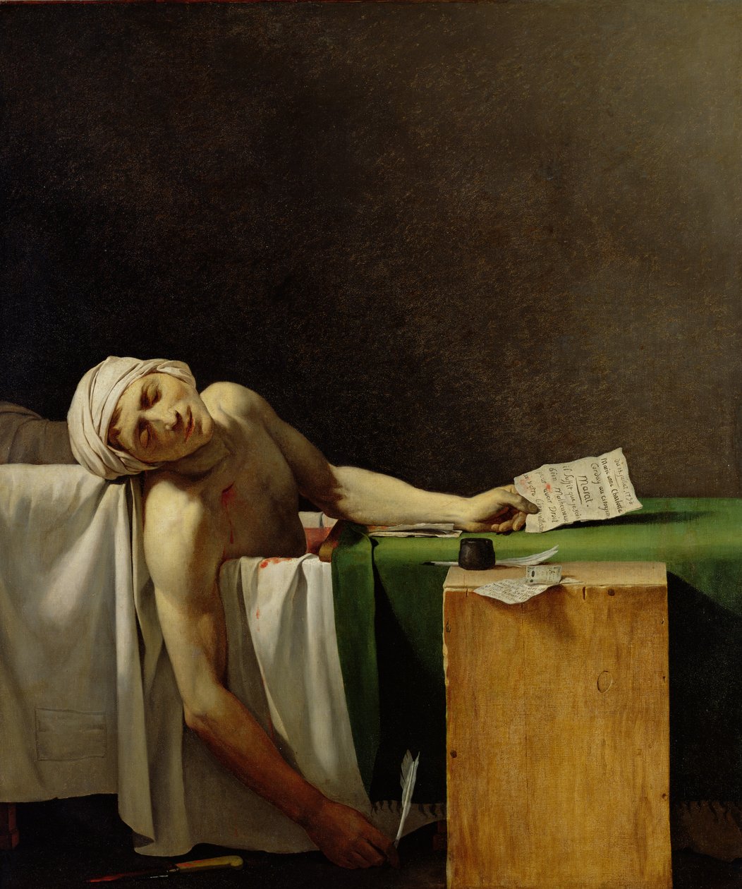 Maratin kuolema, Jacques-Louis Davidin (1748-1825) alkuperäisen tekstin mukaan (öljy kankaalle) tekijältä Jérôme Martin Langlois