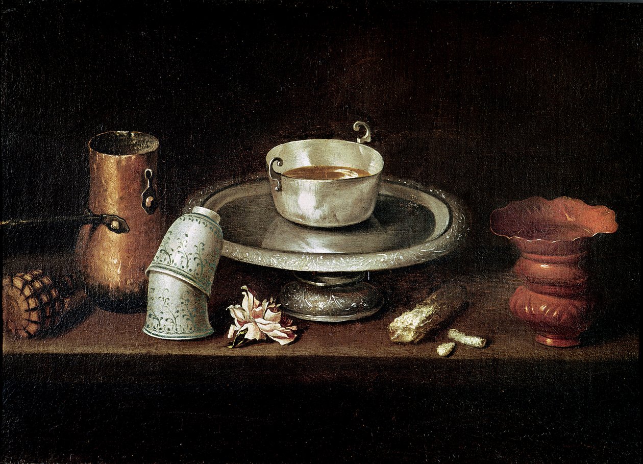 Asetelma suklaakulholla tai aamiainen suklaalla, n. 1640 tekijältä Juan de Zurbaran