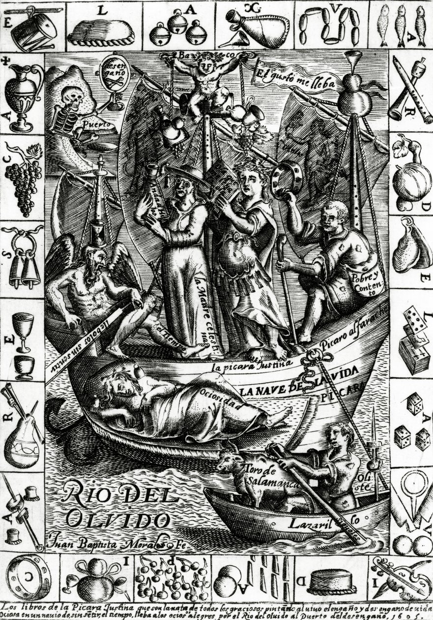 Kansi Francisco Lopez de Ubedan La Picara Justinan ensimmäiselle painokselle, julkaistu 1605 tekijältä Juan Bautista Morales