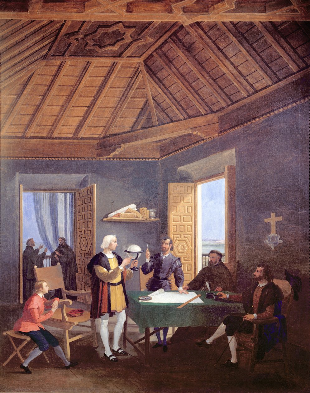 Christopher Columbus, yhdessä poikansa Diegon kanssa, selittää tutkimussuunnitelmansa Santa Maria de la Rabidan fransiskaaniluostarin priorille, lääkäri Garcia Fernandesille ja Alonso Pinzille. tekijältä Juan Cabral Bejarano