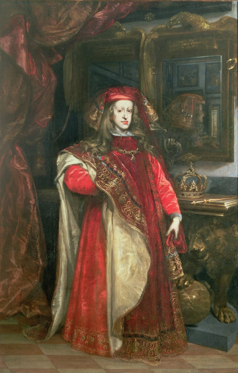 Espanjan kuningas Kaarle II (1661-1700) Kultavillan ritarikunnan kaapuissa tekijältä Juan Carreño de Miranda