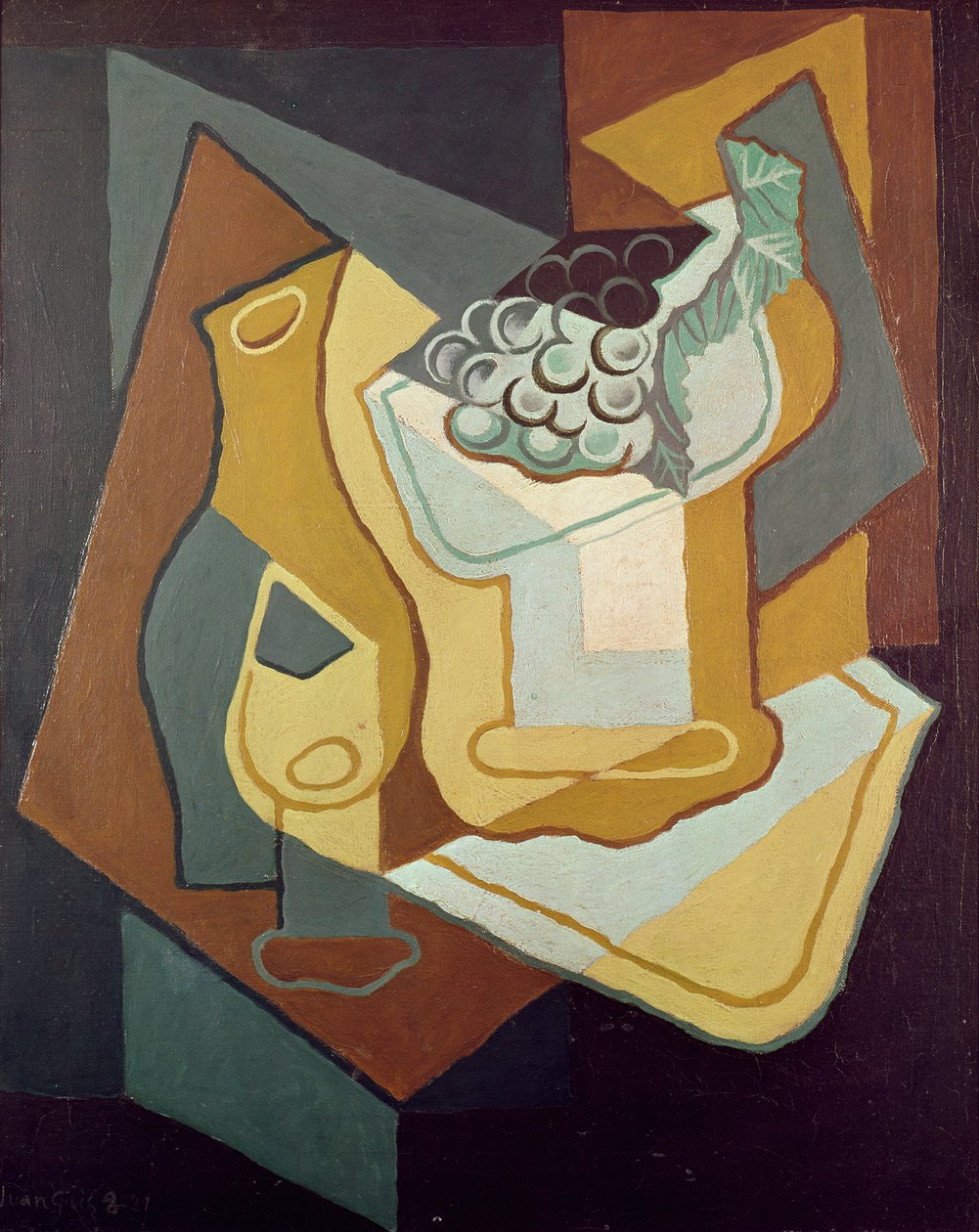 Pullo, lasi ja hedelmäastia, 1921 tekijältä Juan Gris