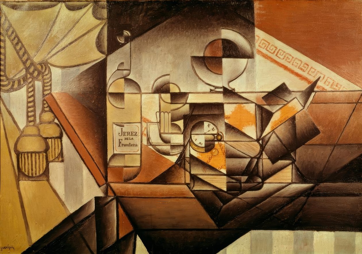 Koostumus avec montre. (Montre et bouteille de Jerez) tekijältä Juan Gris