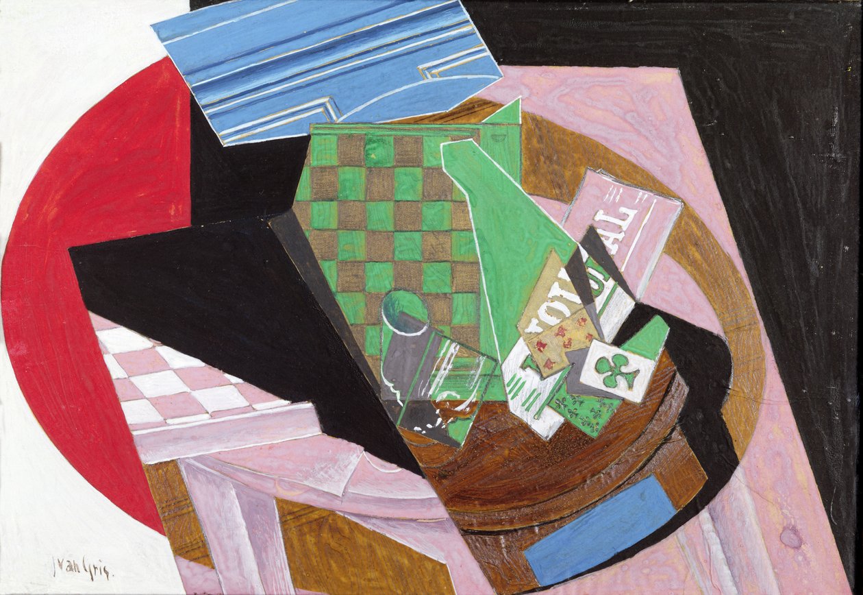 Piirustustaulu ja pelikortit (guassi ja lyijykynä kartongille kiinnitetylle paperille) tekijältä Juan Gris