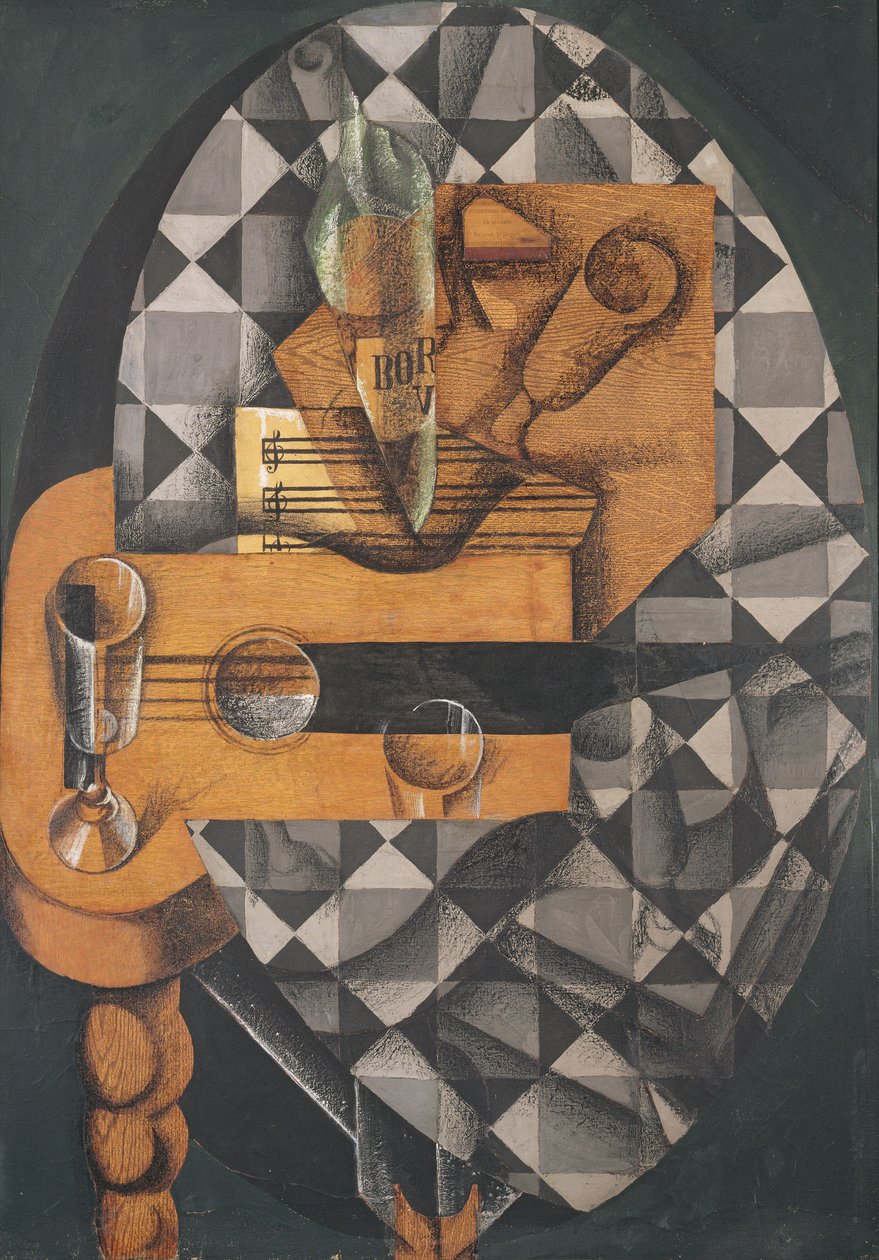 Kitara, pullo ja lasi, 1914 (liimattuja papereita, guassi ja värikynä kankaalle) tekijältä Juan Gris