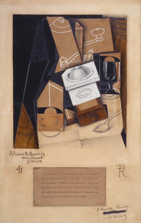 Kahvimylly, kuppi ja lasi pöydällä tekijältä Juan Gris
