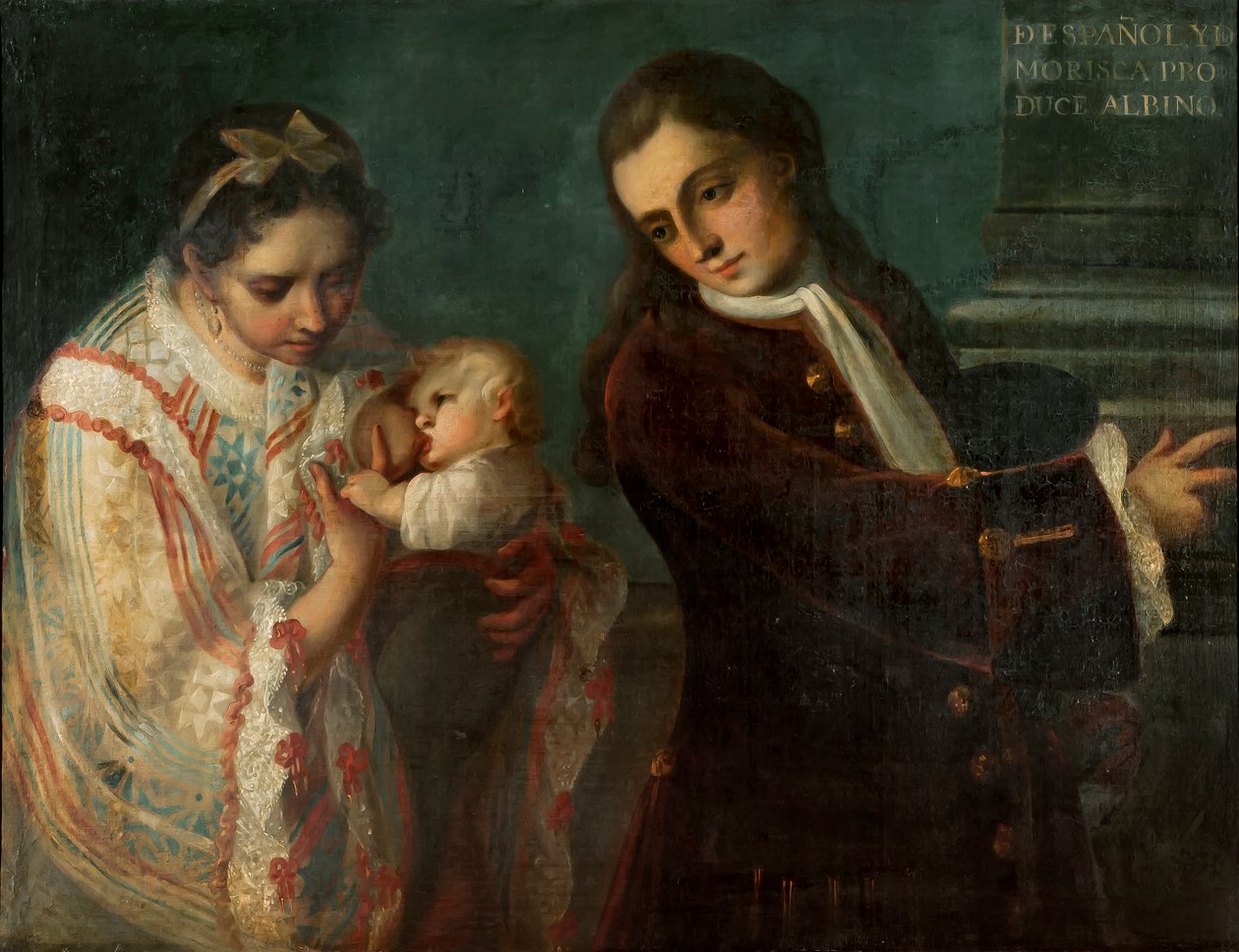 Espanjalainen ja Morisca tuottavat albinon, n. 1715 tekijältä Juan Rodríguez Juárez