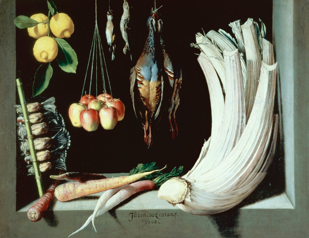 Asetelma kuolleilla lintuilla, hedelmillä ja vihanneksilla, 1602 tekijältä Juan Sanchez Cotan