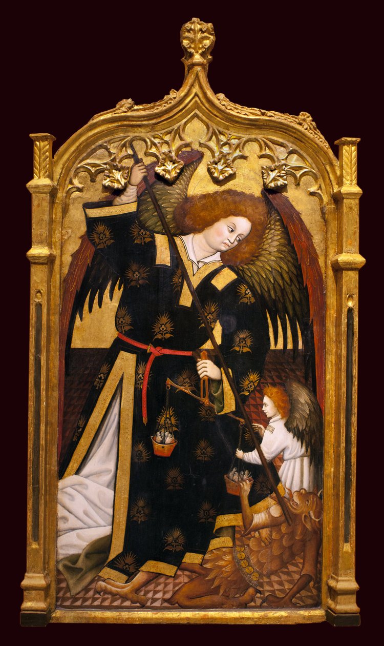 Arkkienkeli Pyhä Mikael. Juan Hispalensen (1400-luku) maalaus, öljyä ja kultaa puulle, noin 1480. Kuvataidemuseo Sevillassa, Espanjassa. tekijältä Juan (attributed to) Hispalense
